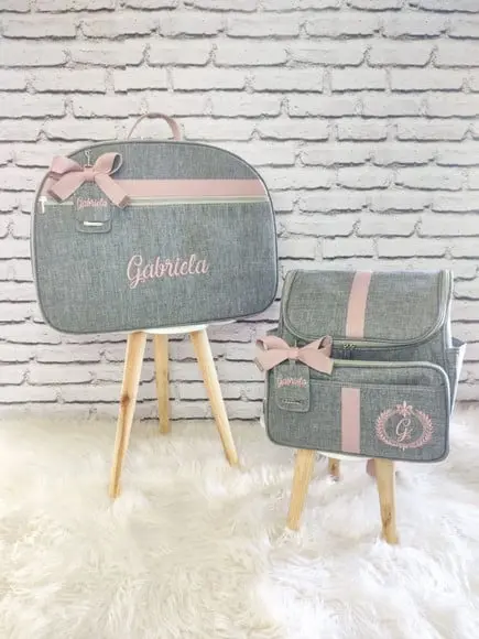 Kit Mala Maternidade e Mochila 2 em 1 Linho Cinza e Rose