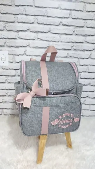 Kit Mala Maternidade e Mochila 2 em 1 Linho Cinza e Rose