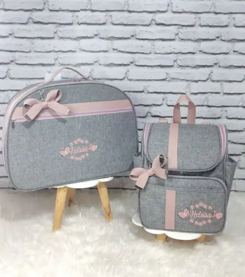 Kit Mala Maternidade e Mochila 2 em 1 Linho Cinza e Rose
