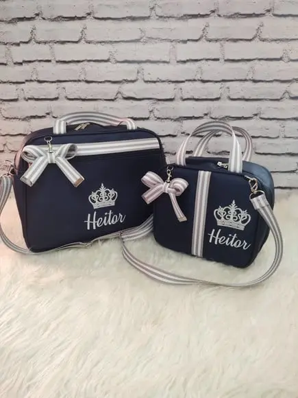 Kit Maternidade Azul Marinho Com Fita Cinza E Branca