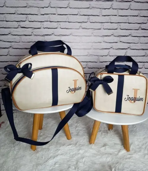 Kit Maternidade Bolsa G e Frasqueira Bege Azul e Caramelo
