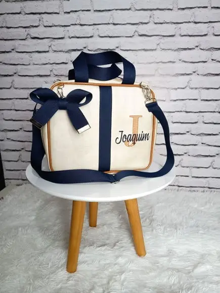 Kit Maternidade Bolsa G e Frasqueira Bege Azul e Caramelo