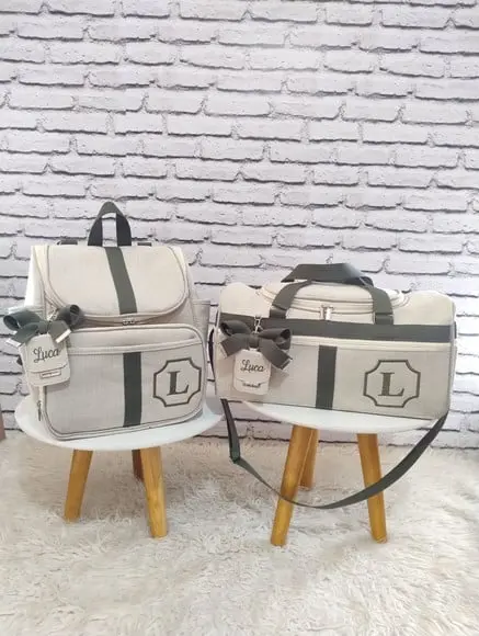 Kit Maternidade Bolsas no Linho Luxo Bege e Verde Militar