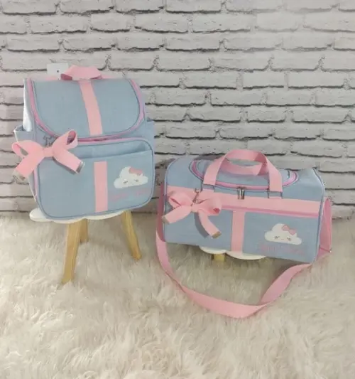 Kit Maternidade Bolsas no Linho Luxo Azul Bebê e Rosa Bebê