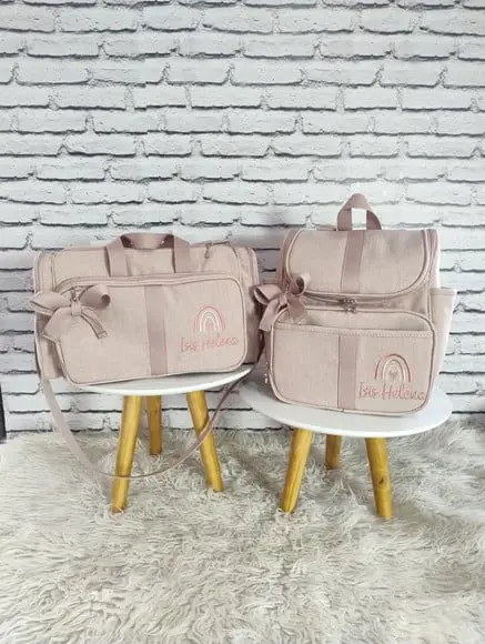 Kit Maternidade Bolsas no Linho Luxo Rose Mala Baú 3d