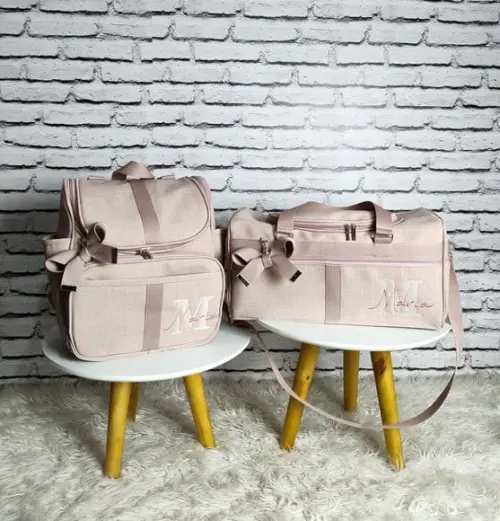 Kit Maternidade Bolsas no Linho Luxo Rose Mala Baú e Mochila
