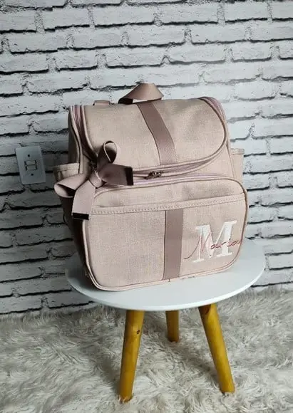 Kit Maternidade Bolsas no Linho Luxo Rose Mala Baú e Mochila