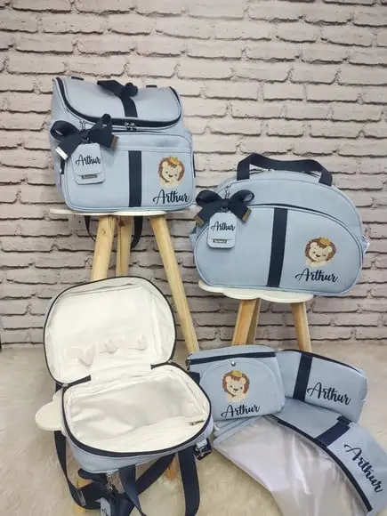 Kit Maternidade Completo Linho Luxo Fitas Bordado Leão