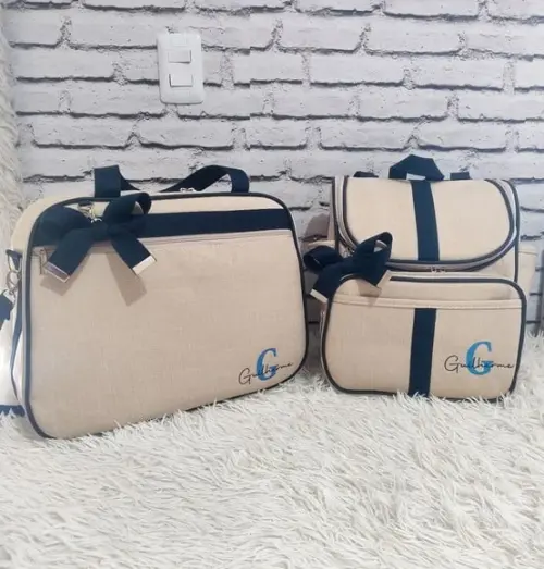 Kit Maternidade Linho Aveia Detalhes Azul Marinho + Brinde