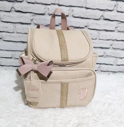Kit Maternidade Linho Aveia Detalhes Tresse e Rose Brinde