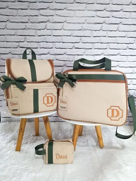 Kit Maternidade Linho Aveia Detalhes Verde Musgo + Brinde