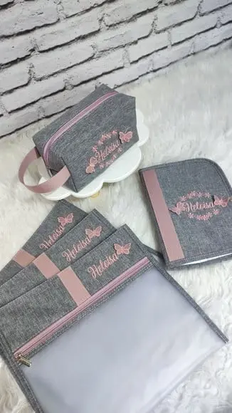 Kit Maternidade Linho Cinza e Rose (saquinhos/ Necessaire E)