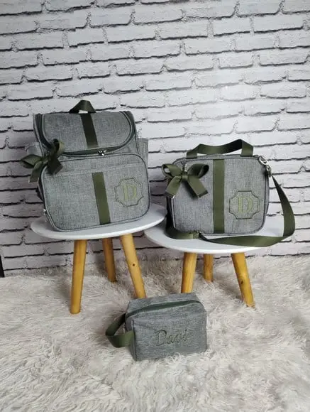 Kit Maternidade Linho Cinza com Verde e Necessaire de Brinde