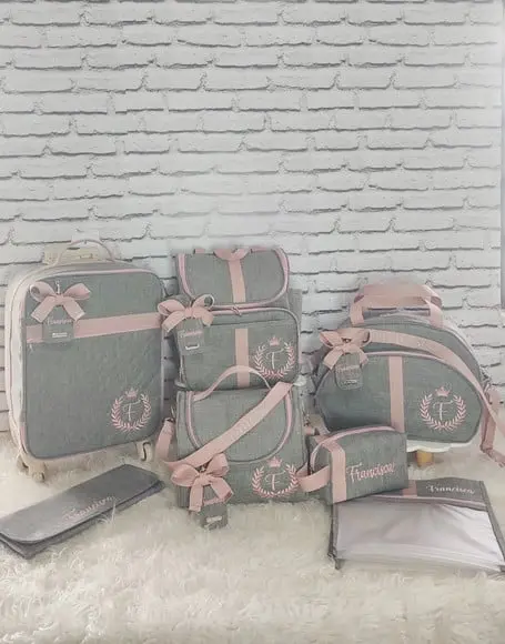 Kit Maternidade Linho Luxo Cinza e Rose (mala de Rodinhas)