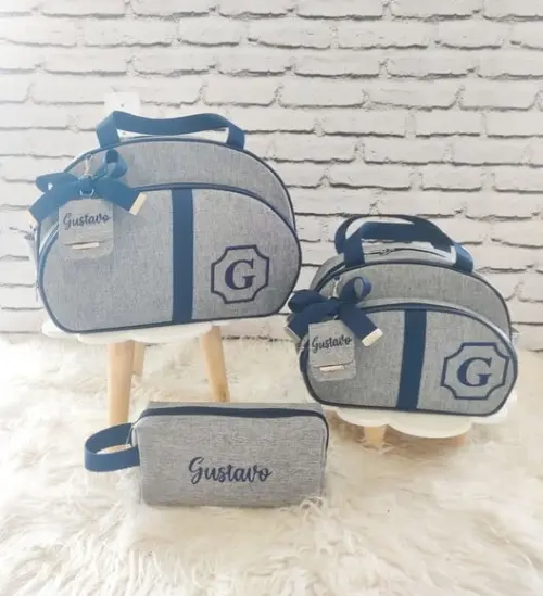 Kit Maternidade Linho Luxo Fita Azul + Necessaire de Brinde