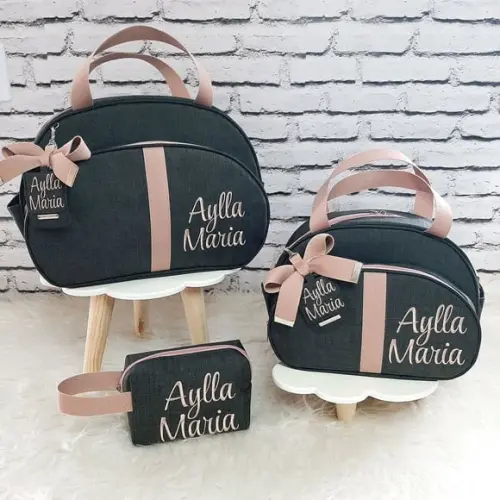 Kit Maternidade Linho Luxo Fita Rose + Necessaire de Brinde