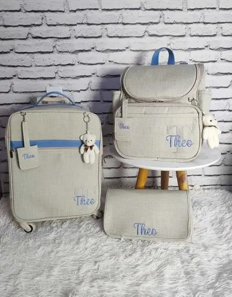 Kit Maternidade Mala de Rodinha + Mochila Bege Azul Ursinh