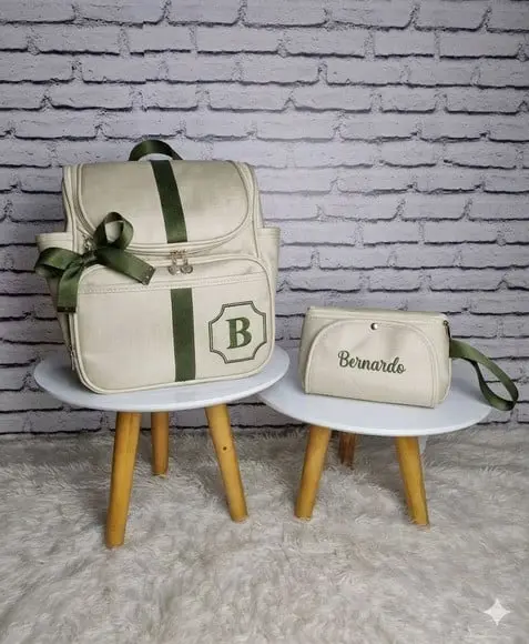 Kit Maternidade Mochila 2em1 Porta Fraldas Bege Verde Musgo