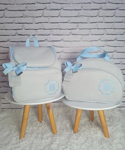 Kit Maternidade Personalizado Linho Off White e Azul Bebê
