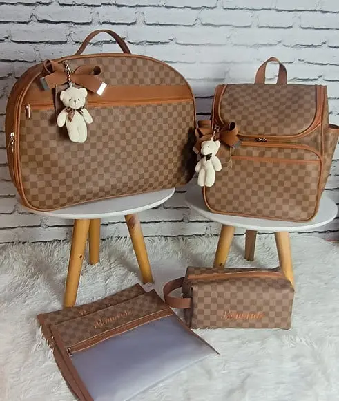 Kit Maternidade Xadrez Caramelo Marrom Mala + Mochila 2 em 1
