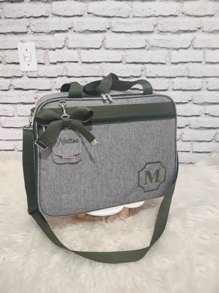 Mala Mamãe Maternidade Com Tag Linho Cinza E Verde Militar