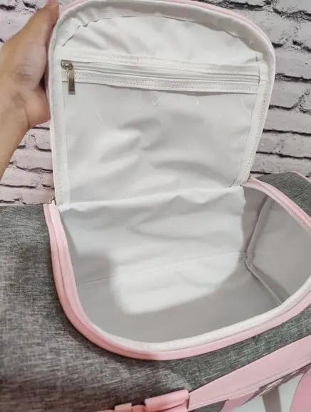 Mala Maternidade Baú Linho Luxo Cinza com Rosa Bebê