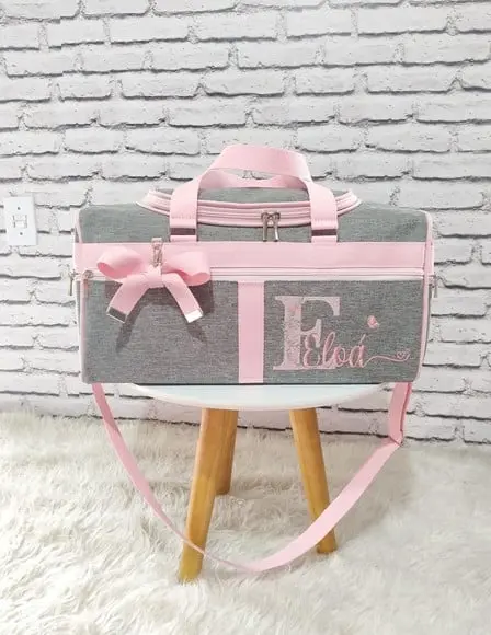 Mala Maternidade Baú Linho Luxo Cinza com Rosa Bebê