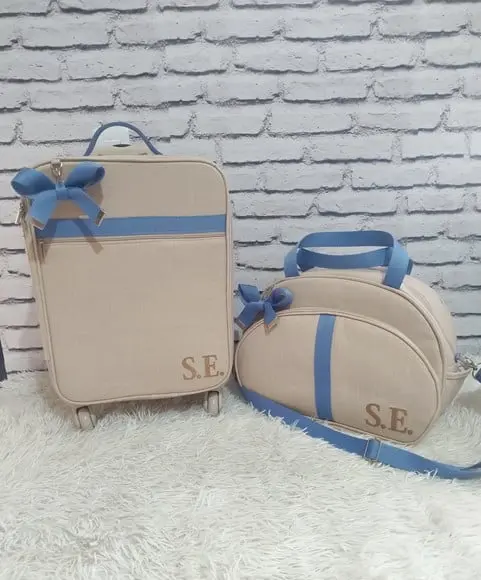 Mala Maternidade de Rodinhas 360 Linho Aveia + Bolsa G Azul