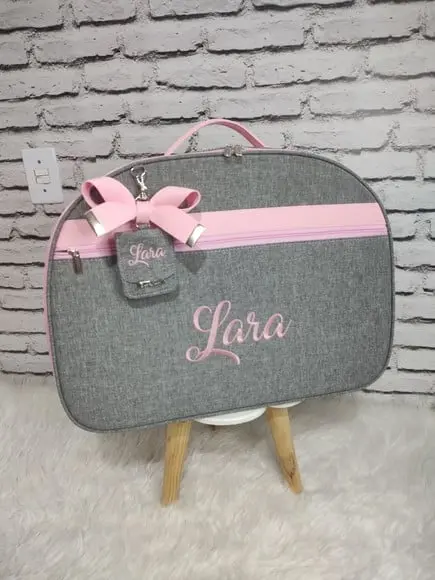 Mala Maternidade Linho Cinza e Rosa com Tag