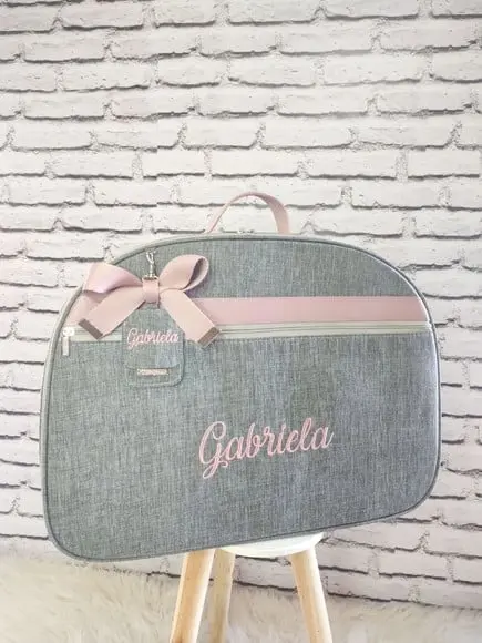 Mala Maternidade Linho Cinza e Rose com Tag