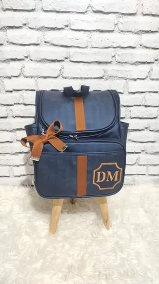 Mochila 2 em 1 Azul Marinho e Caramelo (bolsa Maternidade)