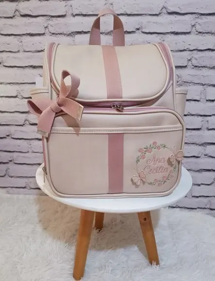 Mochila 2 em 1 Bege Detalhes Rose Flores e Borboletas