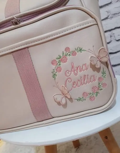 Mochila 2 em 1 Bege Detalhes Rose Flores e Borboletas