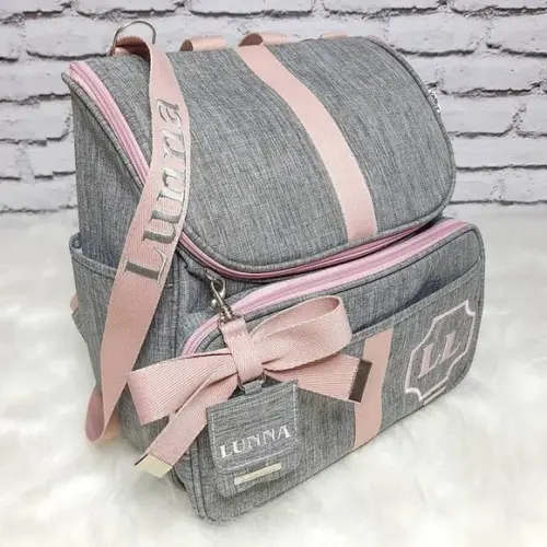 Mochila 2 em 1 Linho Luxo Cinza e Rose Alça/tag Personalizad