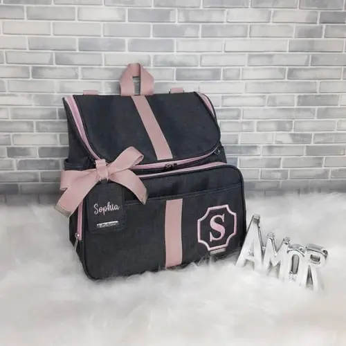 Mochila 2 em 1 Linho Luxo Preta e Rose Tag Personalizada
