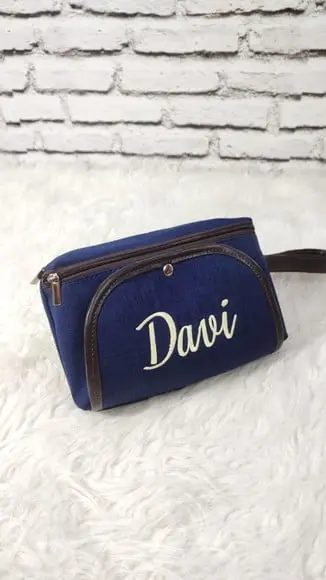 Porta Fraldas e Lenço Umedecido Linho Azul Marinho e Marrom
