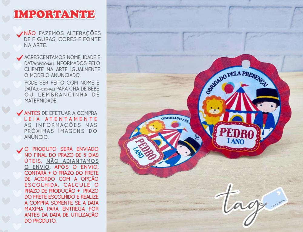 Tag Agradecimento Lembrancinha Circo Vermelho 5cm