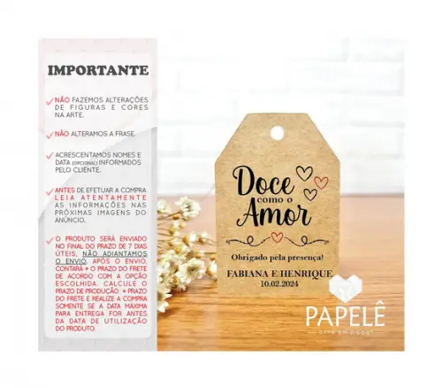 Tag Rústica Personalizada Doce Como o Amor 5,5cm x 3,7cm