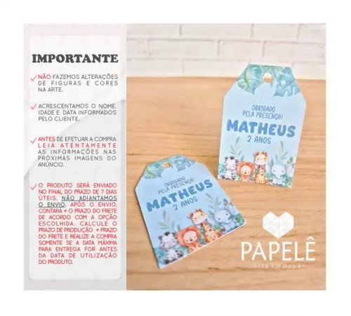 Tag Personalizada Agradecimento Safari Azul - 5,5cm x 3,7cm