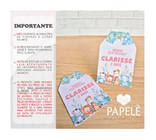 Tag Personalizada Agradecimento Safari Rosa - 3,7cm x 5,5cm