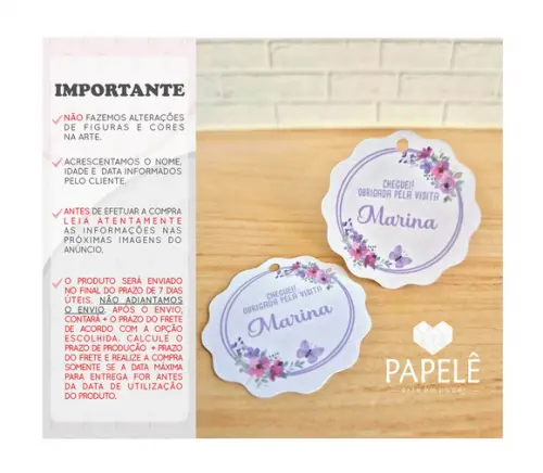 Tag Personalizada Agradecimento Floral Borboleta Lilás - 5cm
