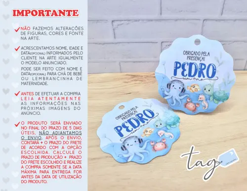 Tag Personalizada Agradecimento Fundo do Mar Azul 5cm