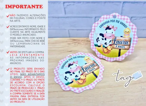 Tag Personalizada Agradecimento Fazendinha Rosa - 5cm