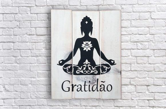Placa Decorativa Rústica Ripas Madeira Gratidão Buda Zen