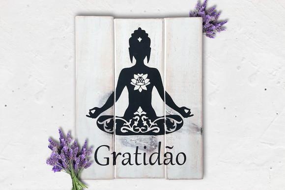Placa Decorativa Rústica Ripas Madeira Gratidão Buda Zen