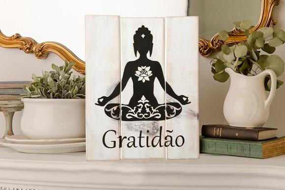 Placa Decorativa Rústica Ripas Madeira Gratidão Buda Zen