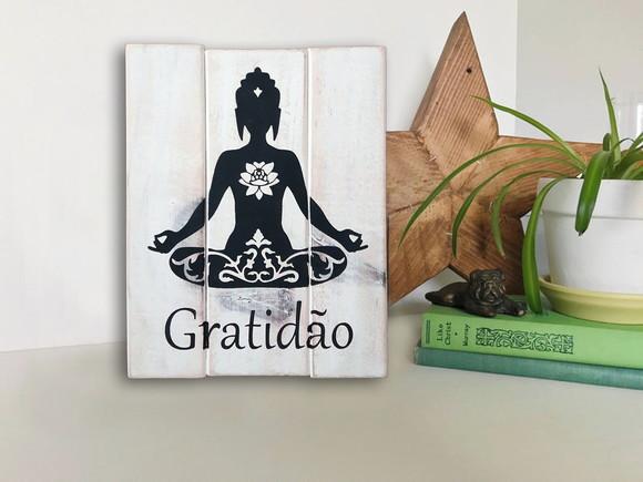 Placa Decorativa Rústica Ripas Madeira Gratidão Buda Zen