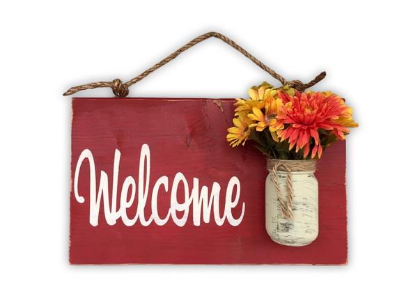 Placa Decorativa Rústica Welcome com Vasinho