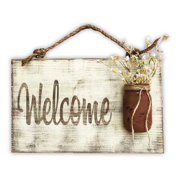 Placa Decorativa Rústica Welcome com Vasinho