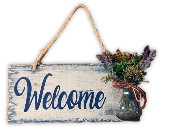 Placa Decorativa Rústica Welcome com Vasinho